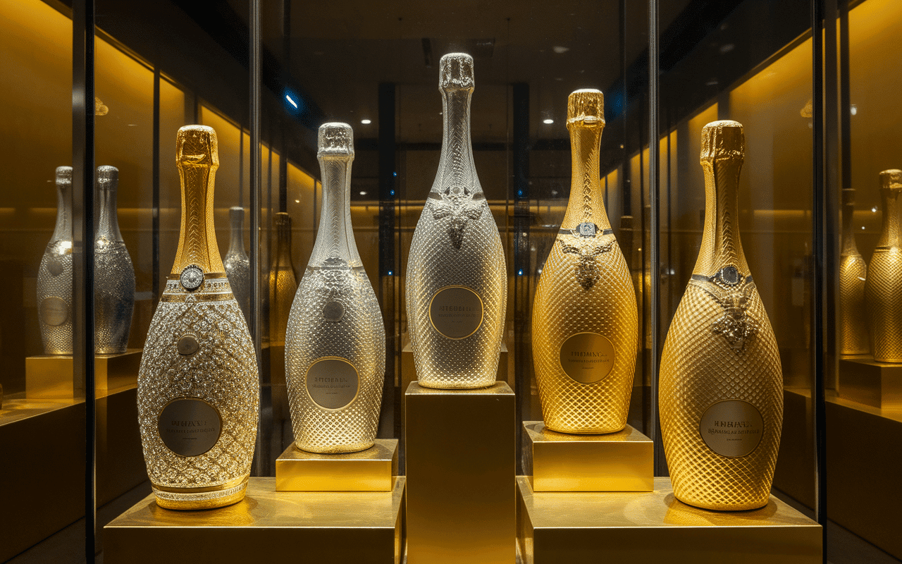 Bouteilles iconiques du champagne le plus cher sur piédestal