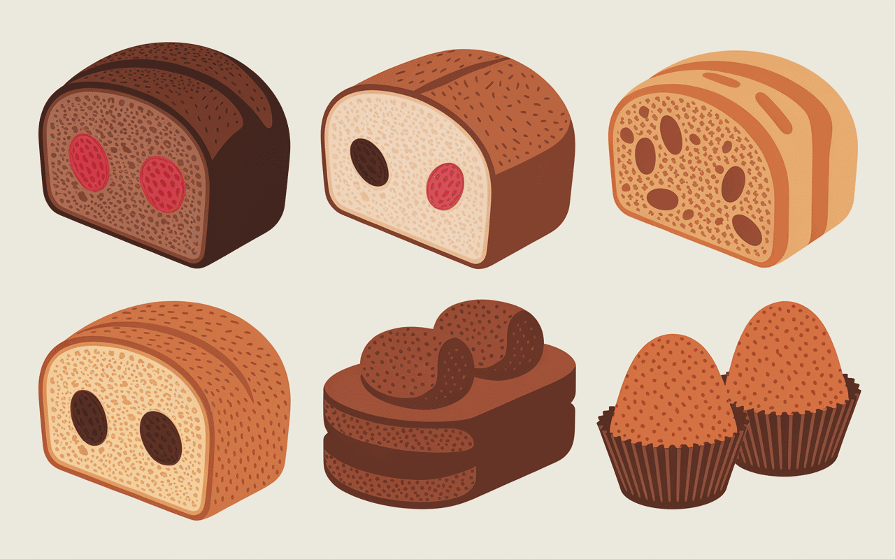 Intérieur de différents gâteaux de voyage classiques