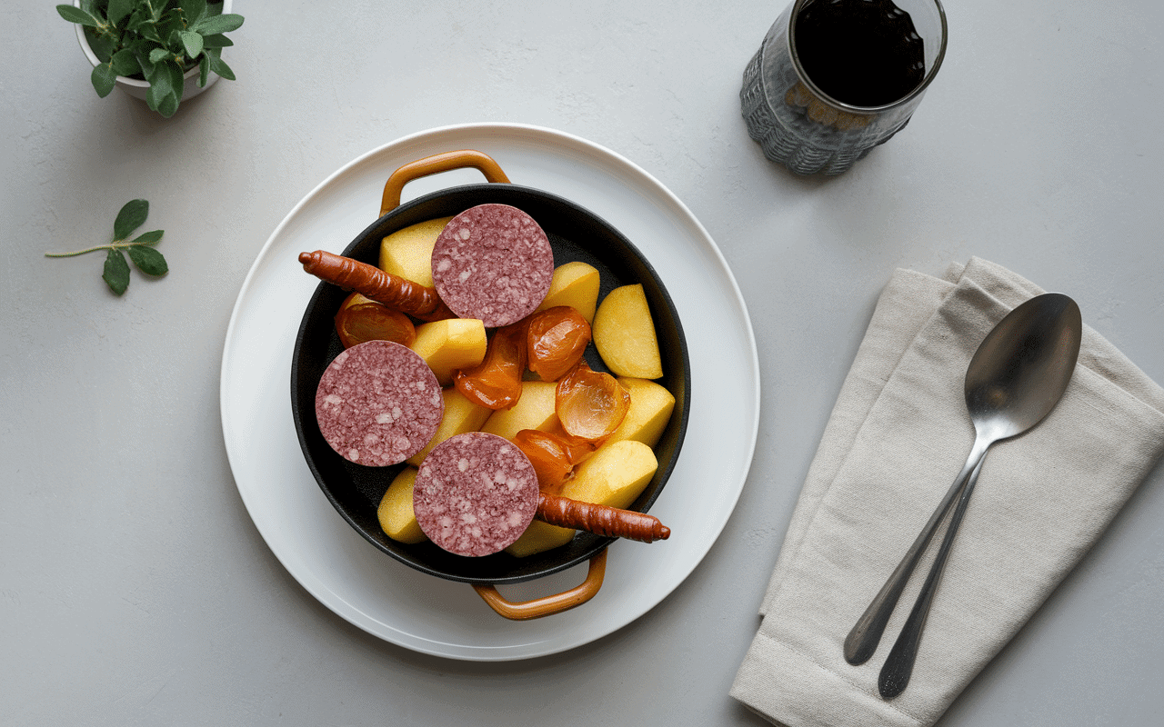 Boudin noir halal cuit avec pommes et oignons