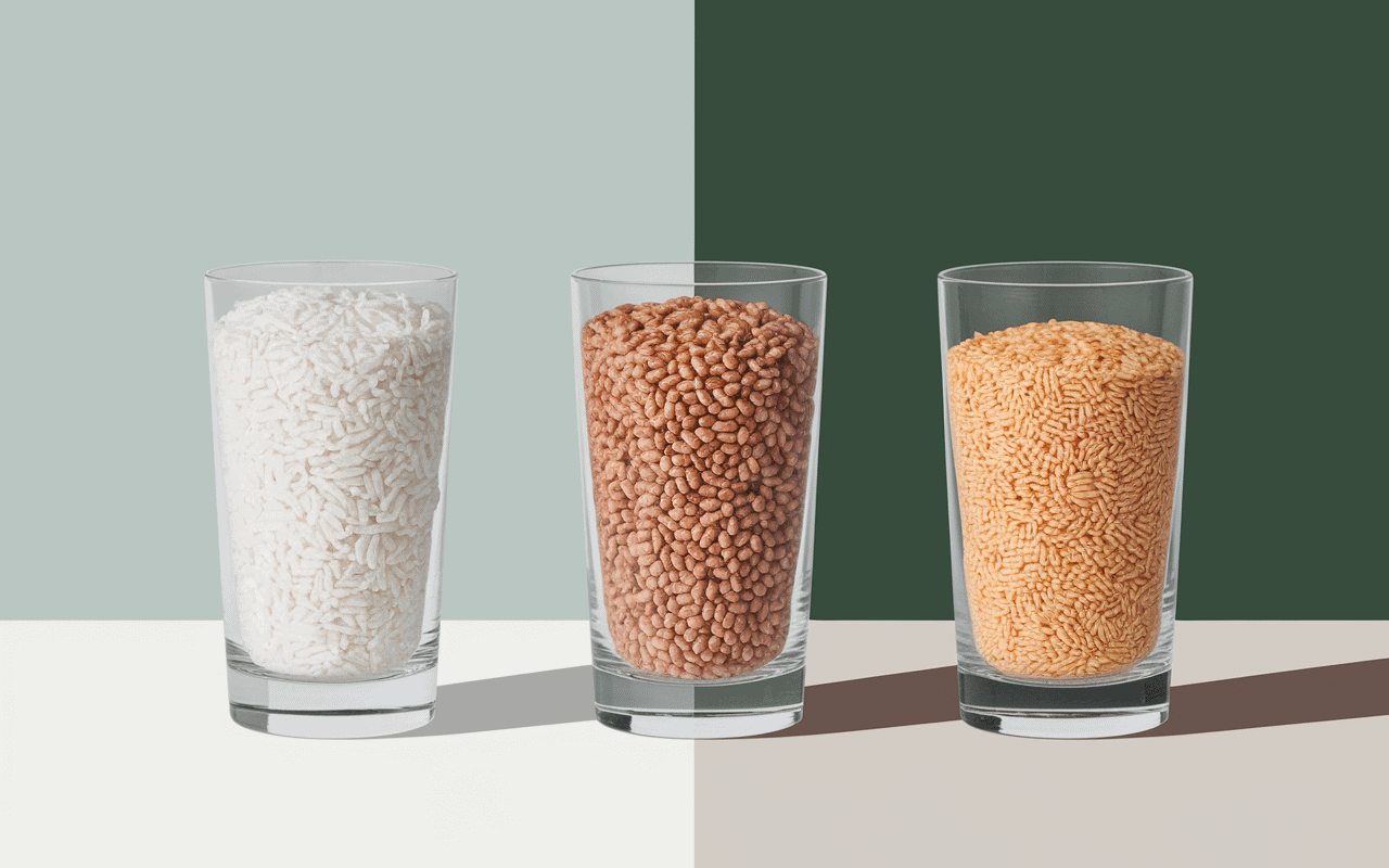 Trois verres de riz différents, comparaison visuelle, dosage riz verre
