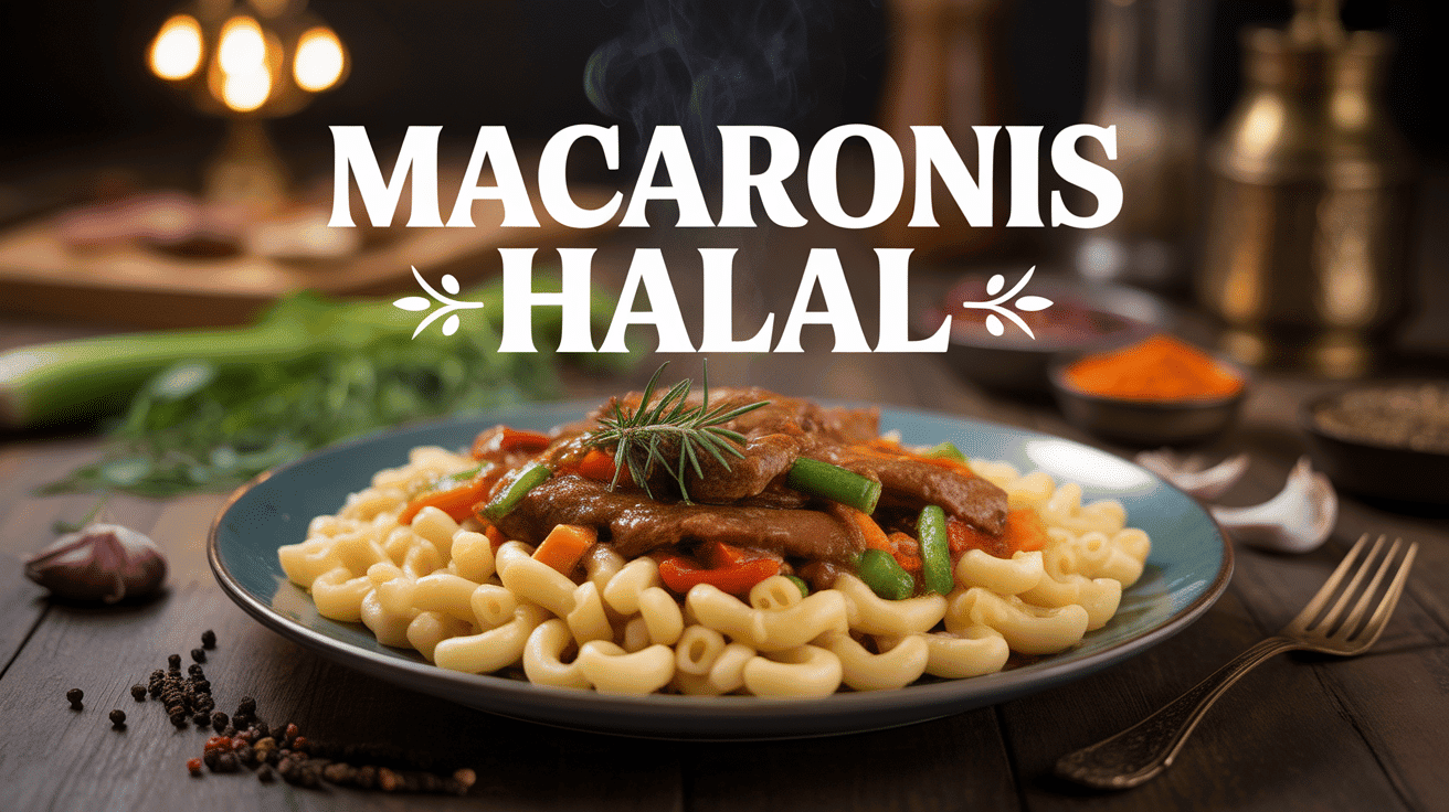 Assiette de macaroni halal avec légumes et viande épicée