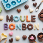 Vue aérienne plan de travail moule bonbon et confiseries maison