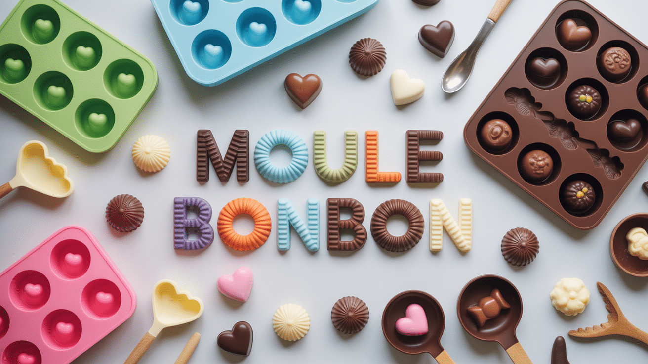 Vue aérienne plan de travail moule bonbon et confiseries maison