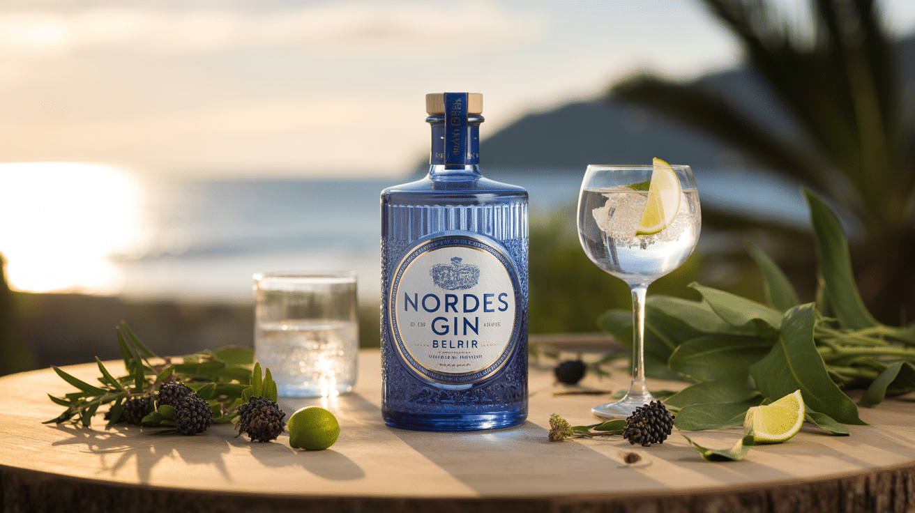 nordes gin bouteille sur table avec plantes aromatiques