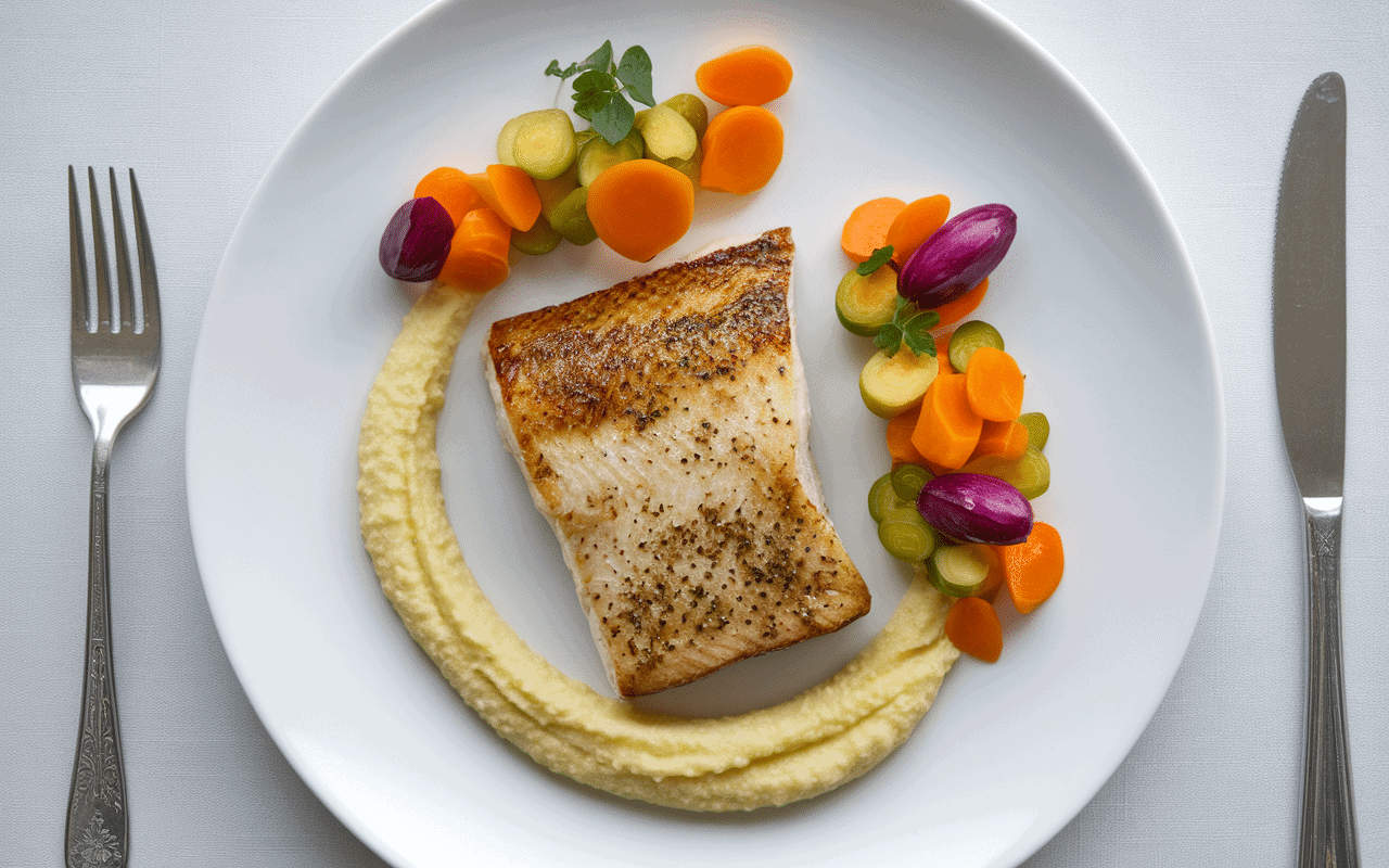 Purée de poireaux avec poisson et légumes colorés