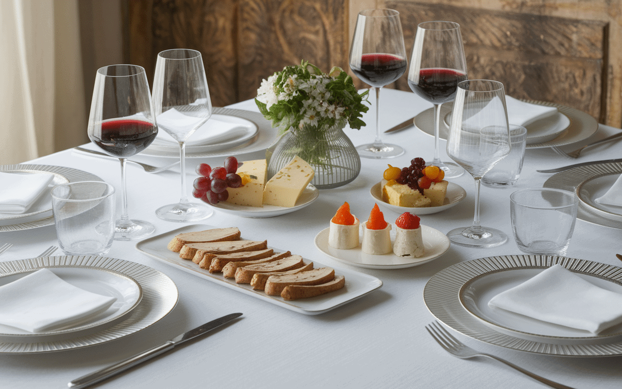 Table de dégustation avec vin de liqueur, fromages et desserts