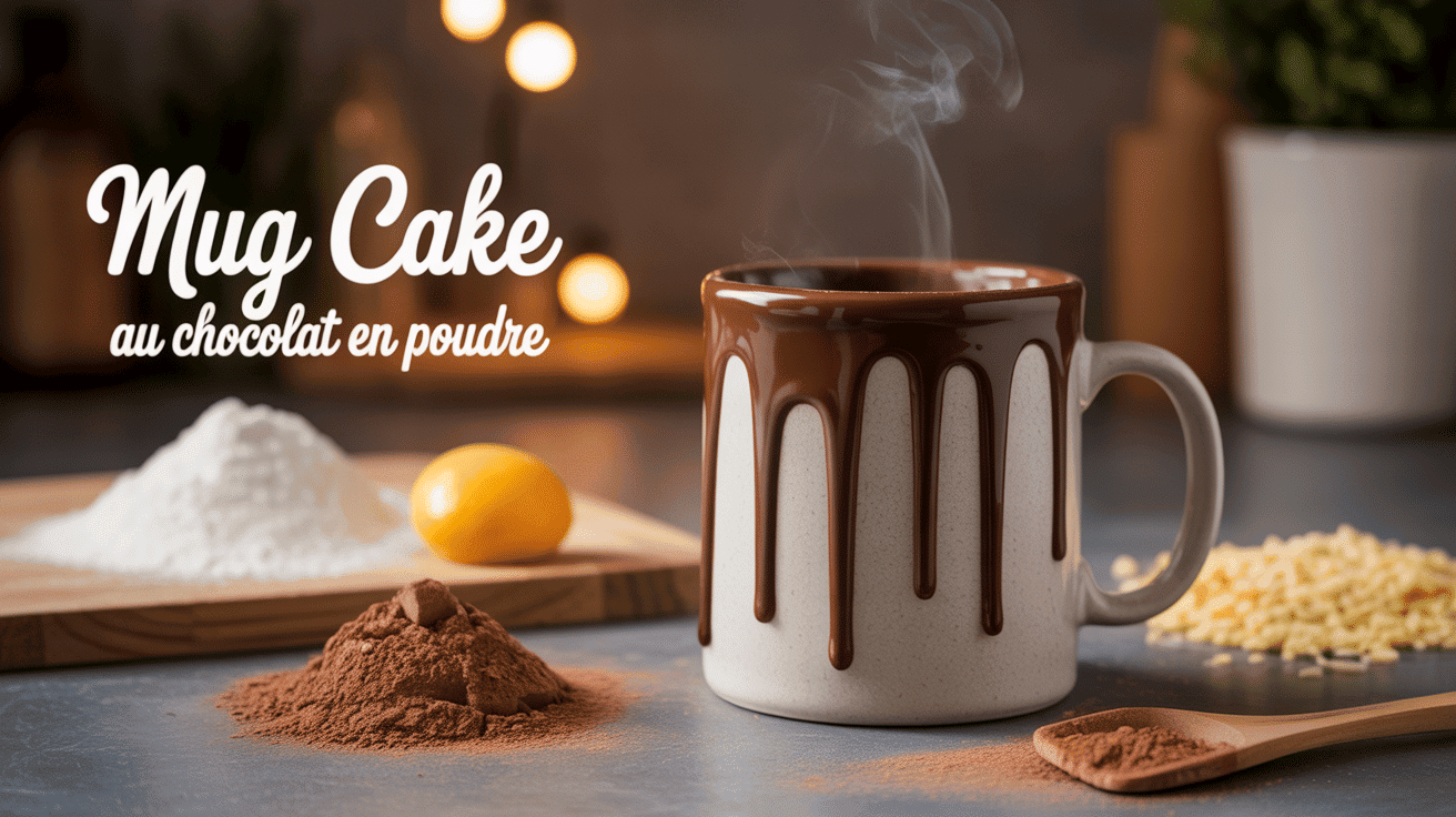 Mug cake chocolat en poudre fumant sur table ingrédients