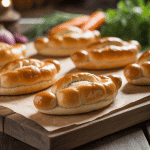 Navette pain doré et ingrédients frais planche bois