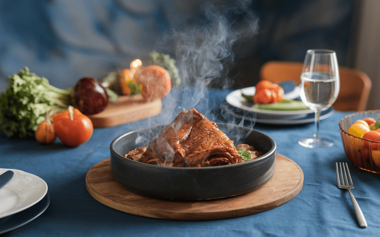 poitrine de porc confite fumante plat convivial