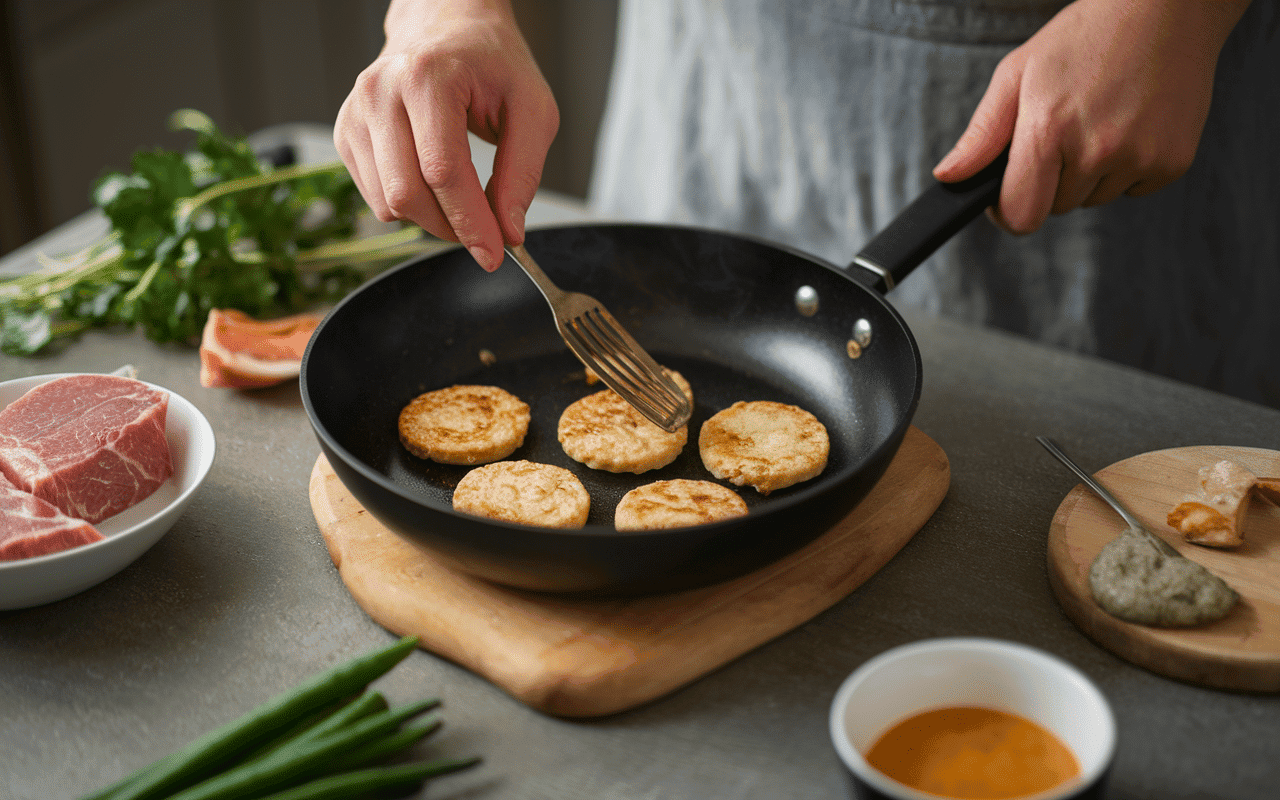 préparation ramen burger galette nouilles poêle