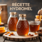 Recette hydromel en bouteilles dorées entourées de miel