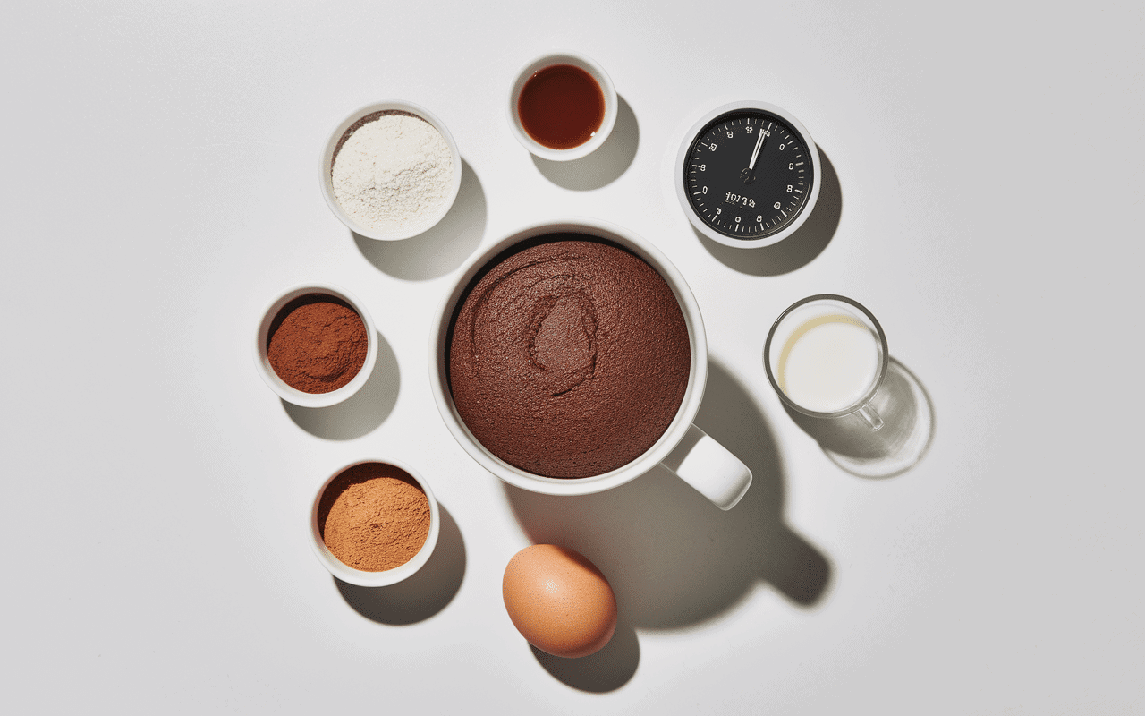Ingrédients et mug cake chocolat en poudre prêt en 3 minutes