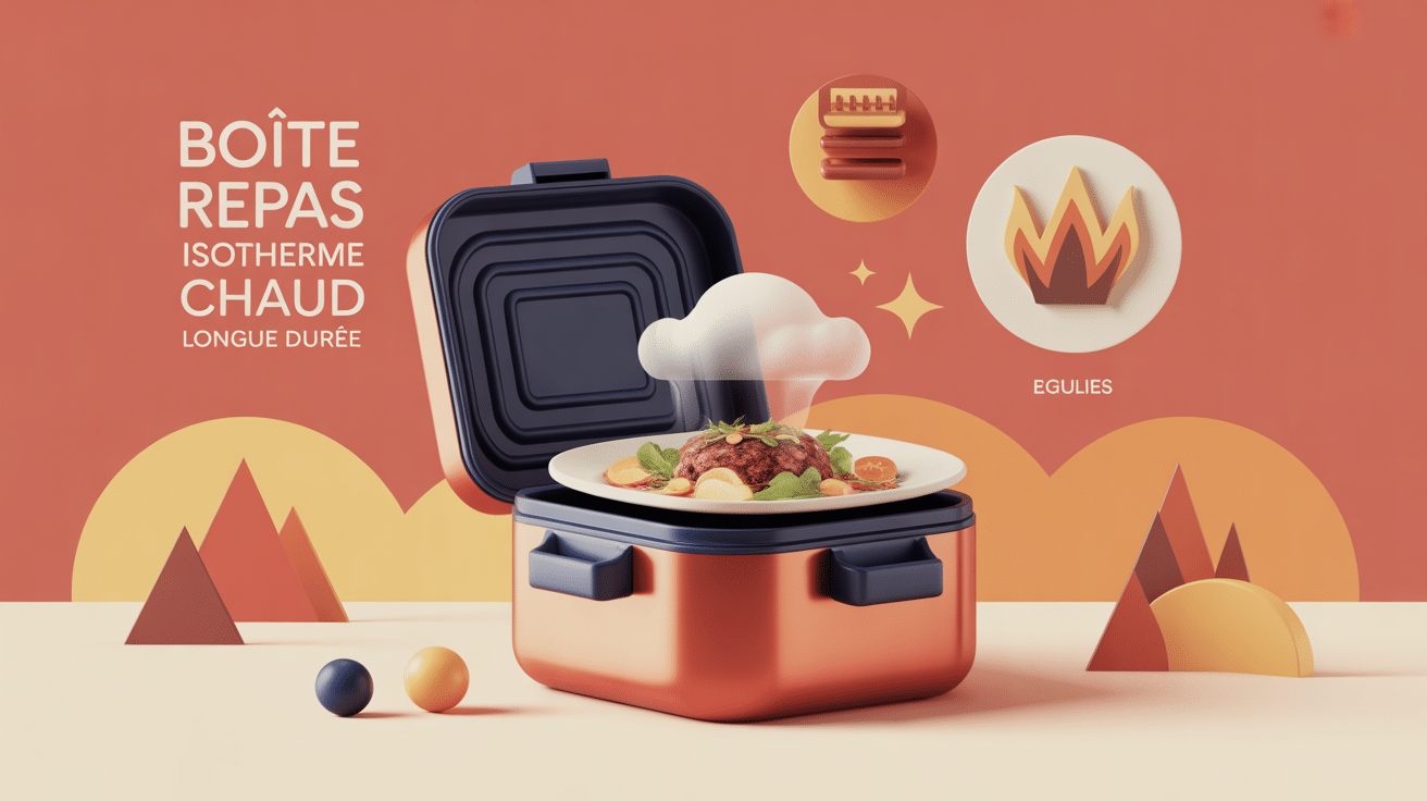 Illustration boîte repas isotherme chaud longue durée avec coupe et icônes