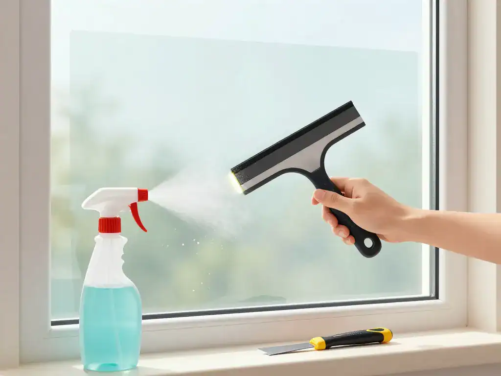 application du film anti bruit fenetre avec raclette