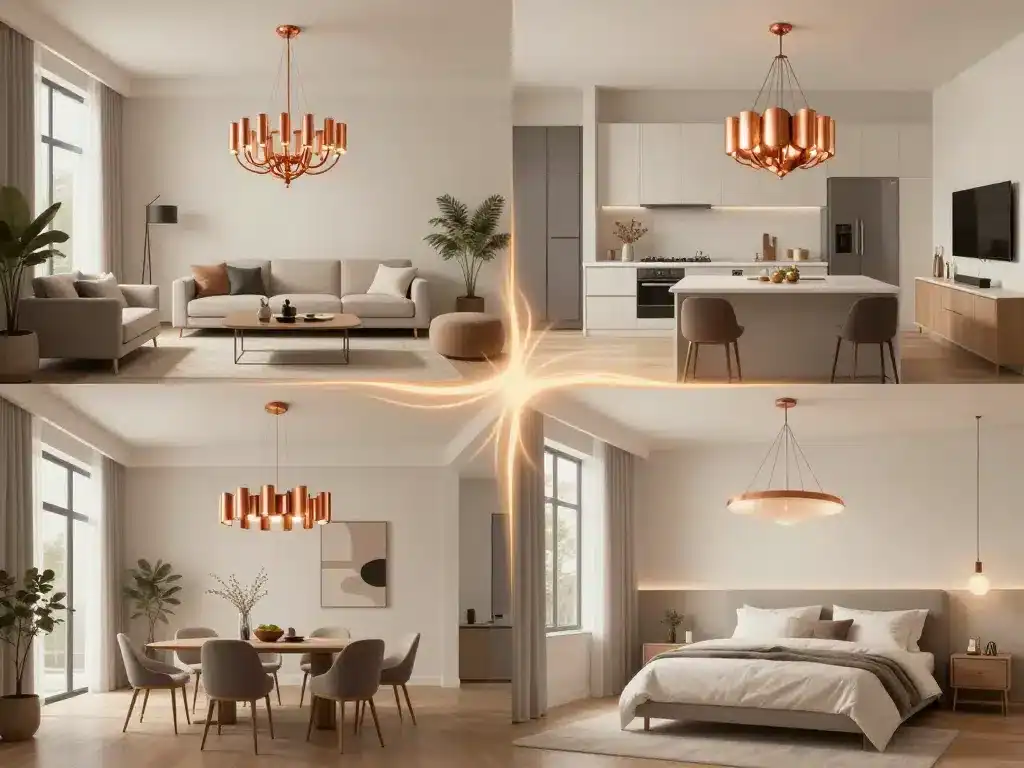 Panorama intérieur avec lustre en cuivre pour chaque pièce