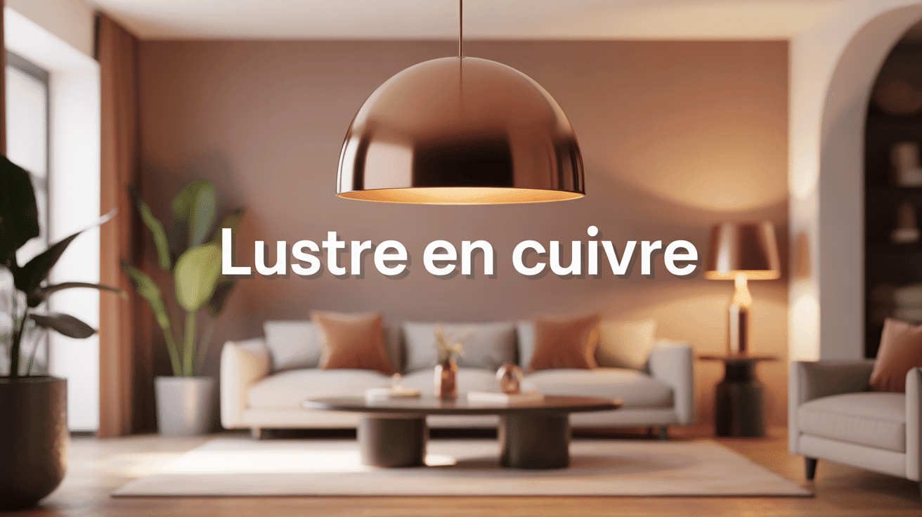 Lustre en cuivre dans salon moderne, ambiance chaleureuse