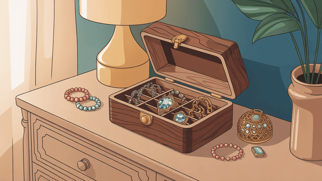 boite a bijoux bois entourée de bijoux précieux