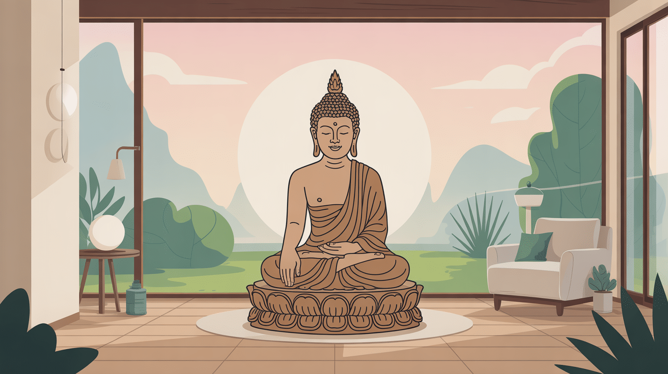 bouddha statue au centre d’un jardin zen et pièce moderne