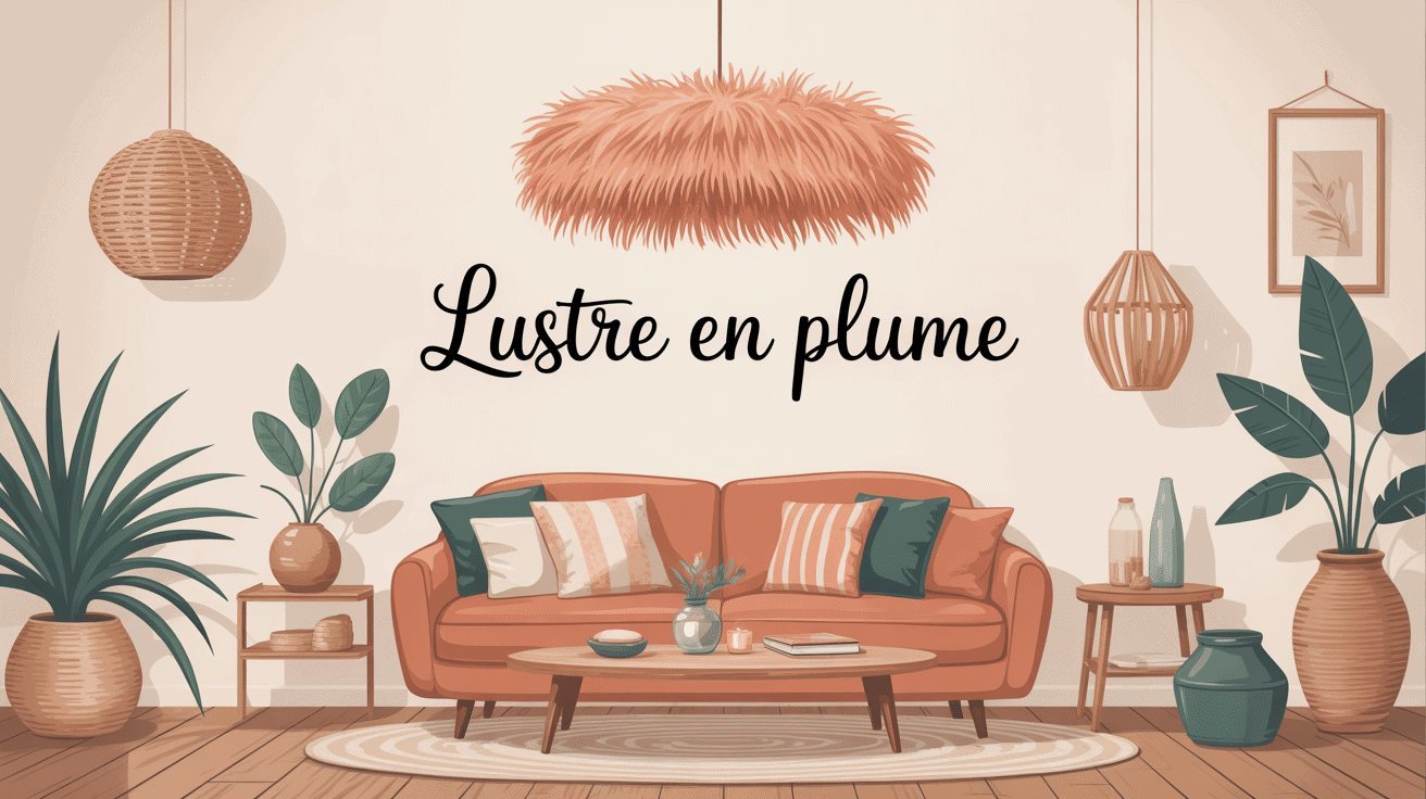 lustre en plume suspendu dans salon cocooning