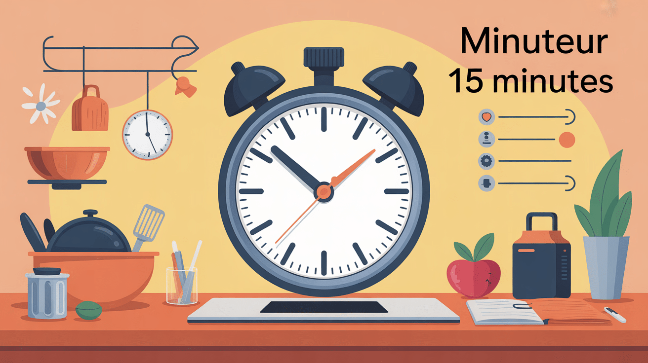 minuteur 15 minutes posé sur un bureau avec symboles cuisine travail pause