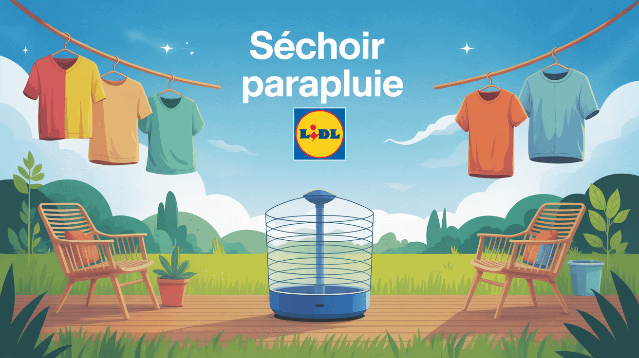 séchoir parapluie lidl installé au centre d'un jardin moderne