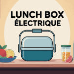 Illustration lunch box electrique posée sur bureau avec accessoires