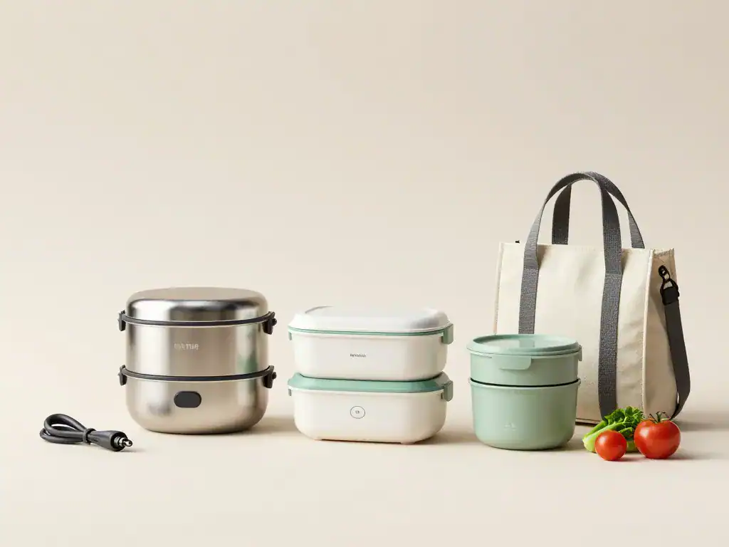 Trois lunch box electrique différentes présentées avec accessoires
