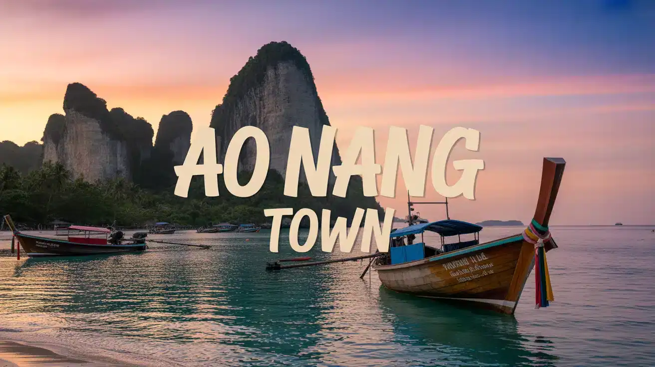 Illustration Ao Nang Town falaises mer turquoise bateaux