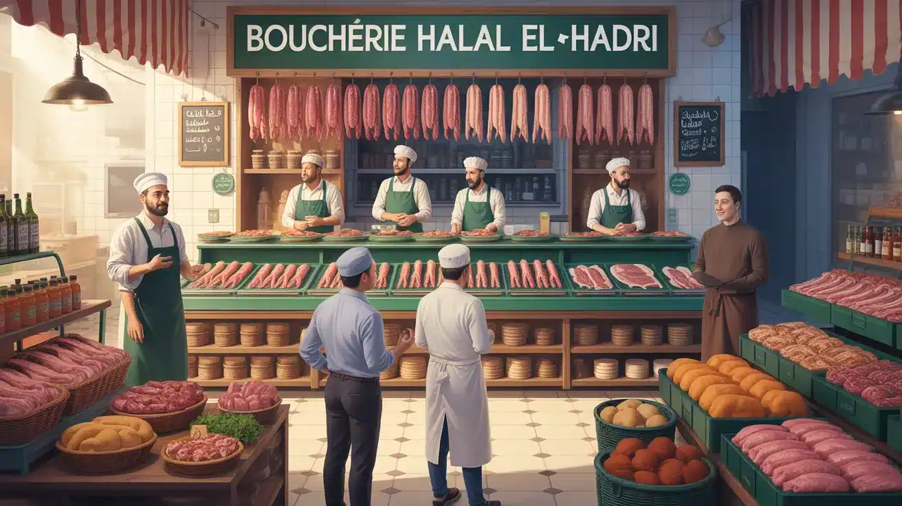 Étal de viandes et épices à la Boucherie Halal El Hadri Argelès