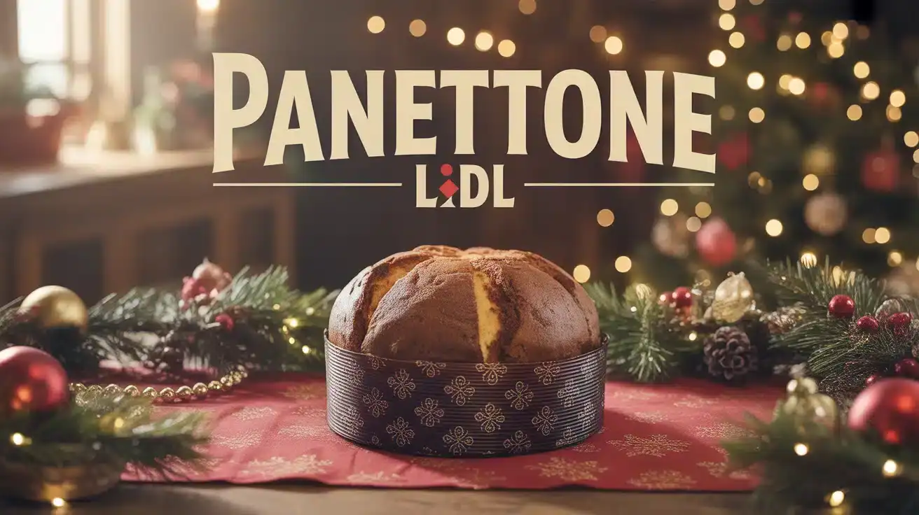 Panettone Lidl sur table de Noël avec décorations italiennes