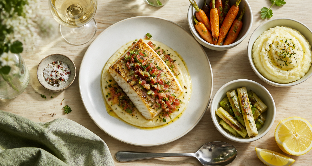 accompagnement pour cabillaud avec dos rôti, purée et légumes