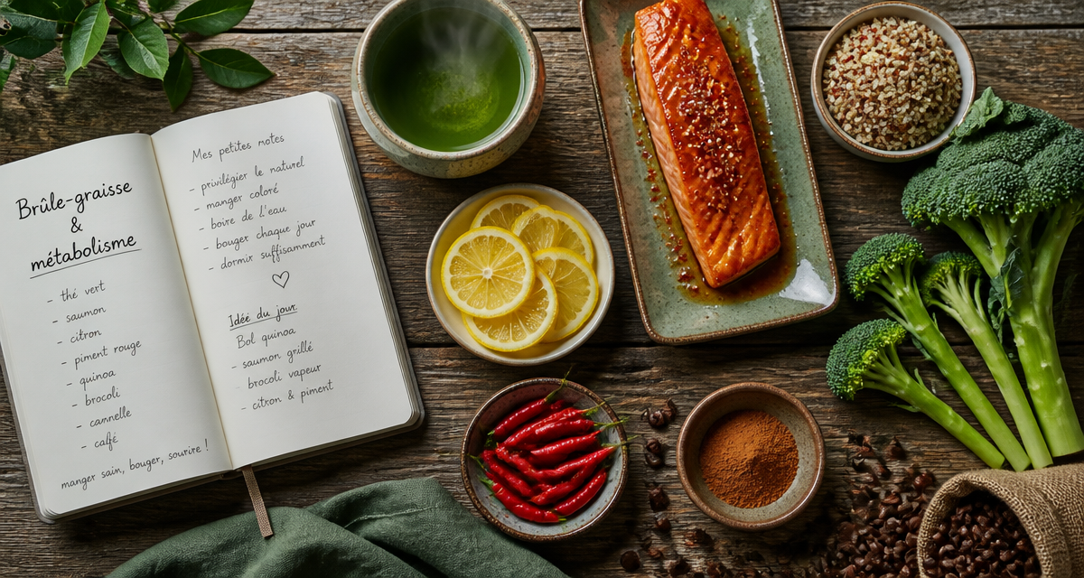 aliments brûle graisse sur table en bois