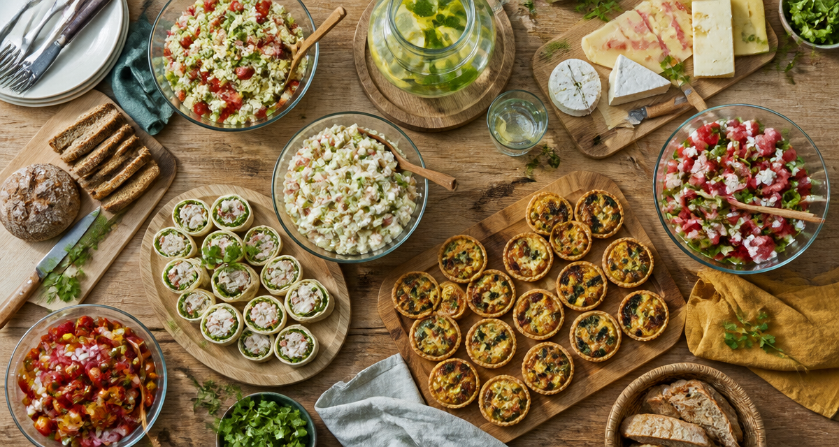 Buffet repas froid entre amis avec salades et wraps