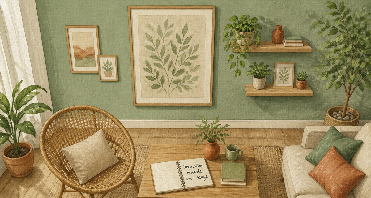 decoration murale vert sauge avec tableau botanique et plantes