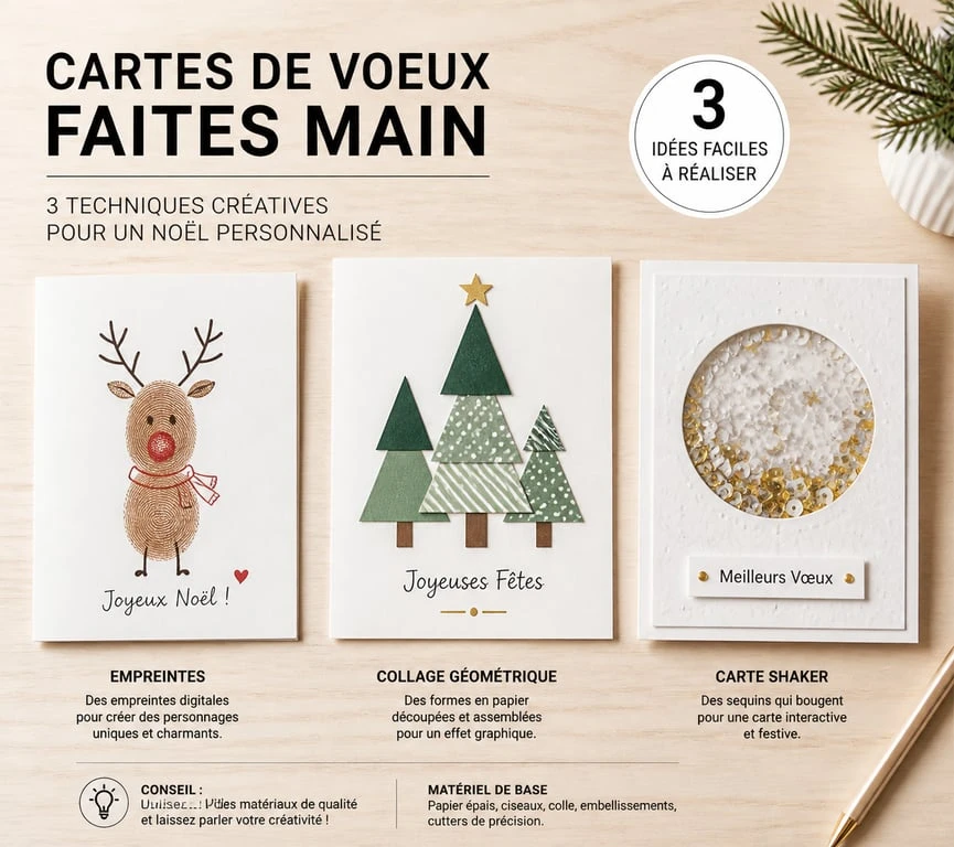 Exemples de cartes de vœux maison faciles à réaliser avec des techniques de collage et d'empreintes