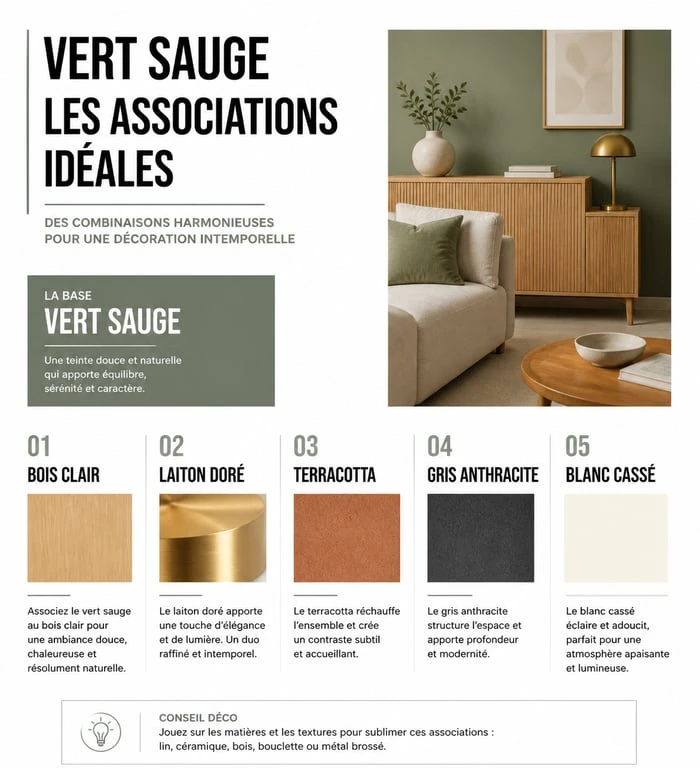 Infographie des meilleures associations de couleurs pour une décoration murale vert sauge