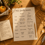 menu famille semaine sur table en bois avec planning et légumes