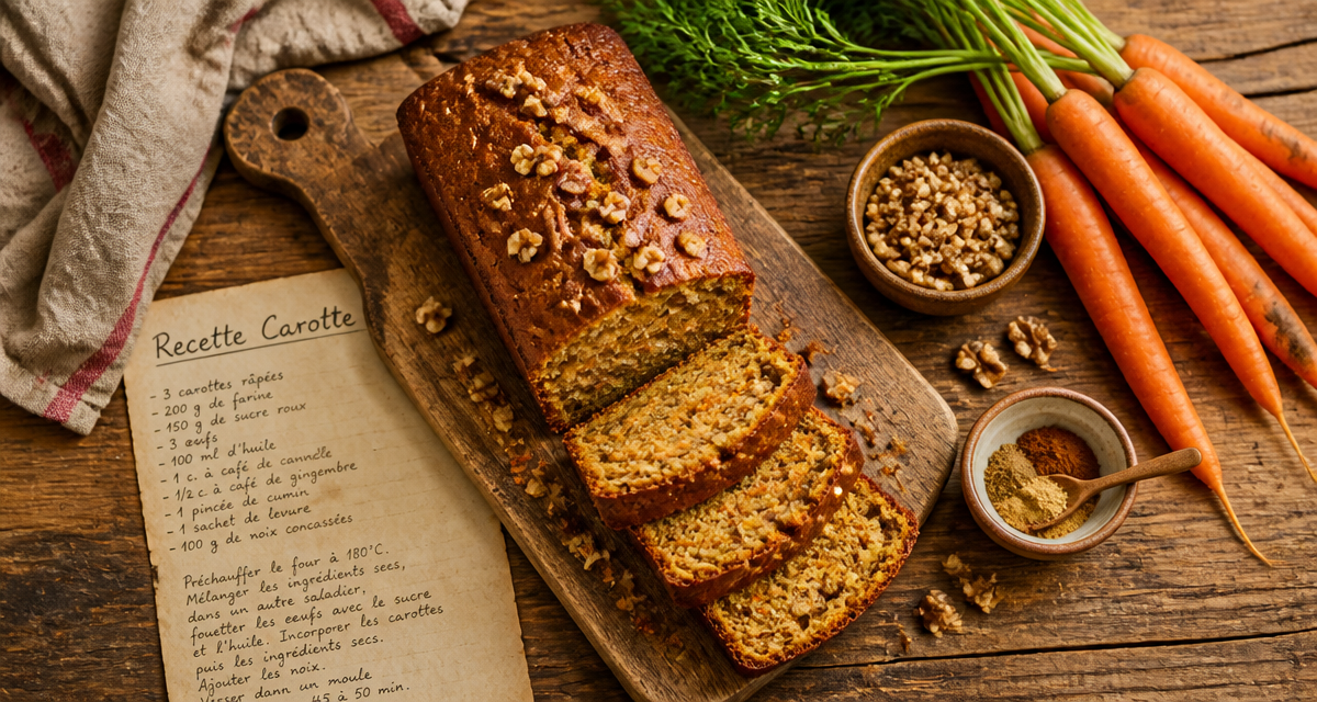 recette carotte cake aux épices et noix sur table rustique