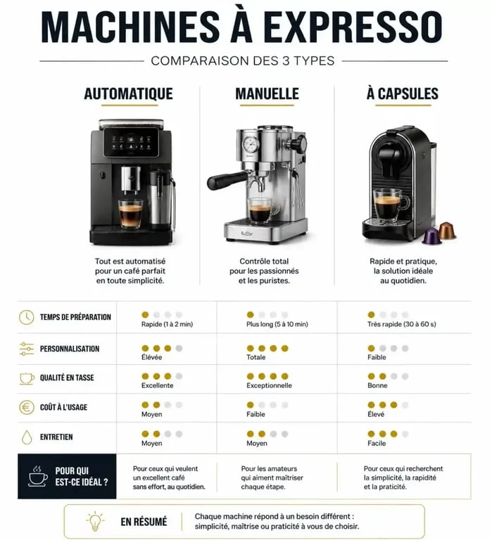 Comparatif des types de machines expresso pour choisir la meilleure machine expresso selon votre profil