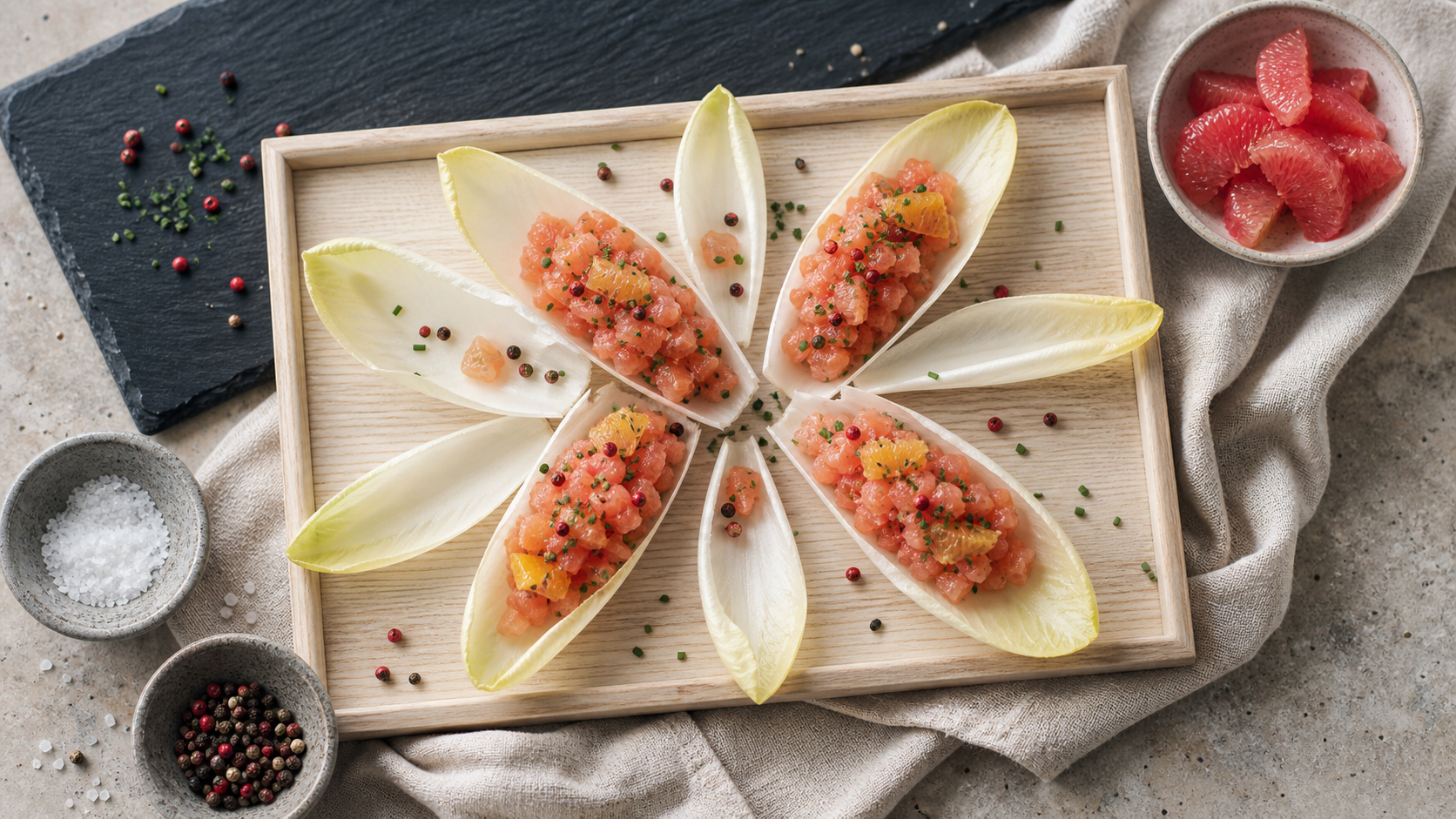 Feuilles d'endives garnies pour apéro, tartare de saumon et astuce anti-amertume