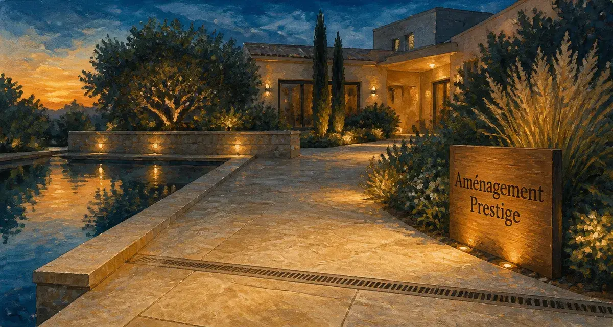 Prestige aménagement extérieur fr : terrasse pierre naturelle et bassin miroir