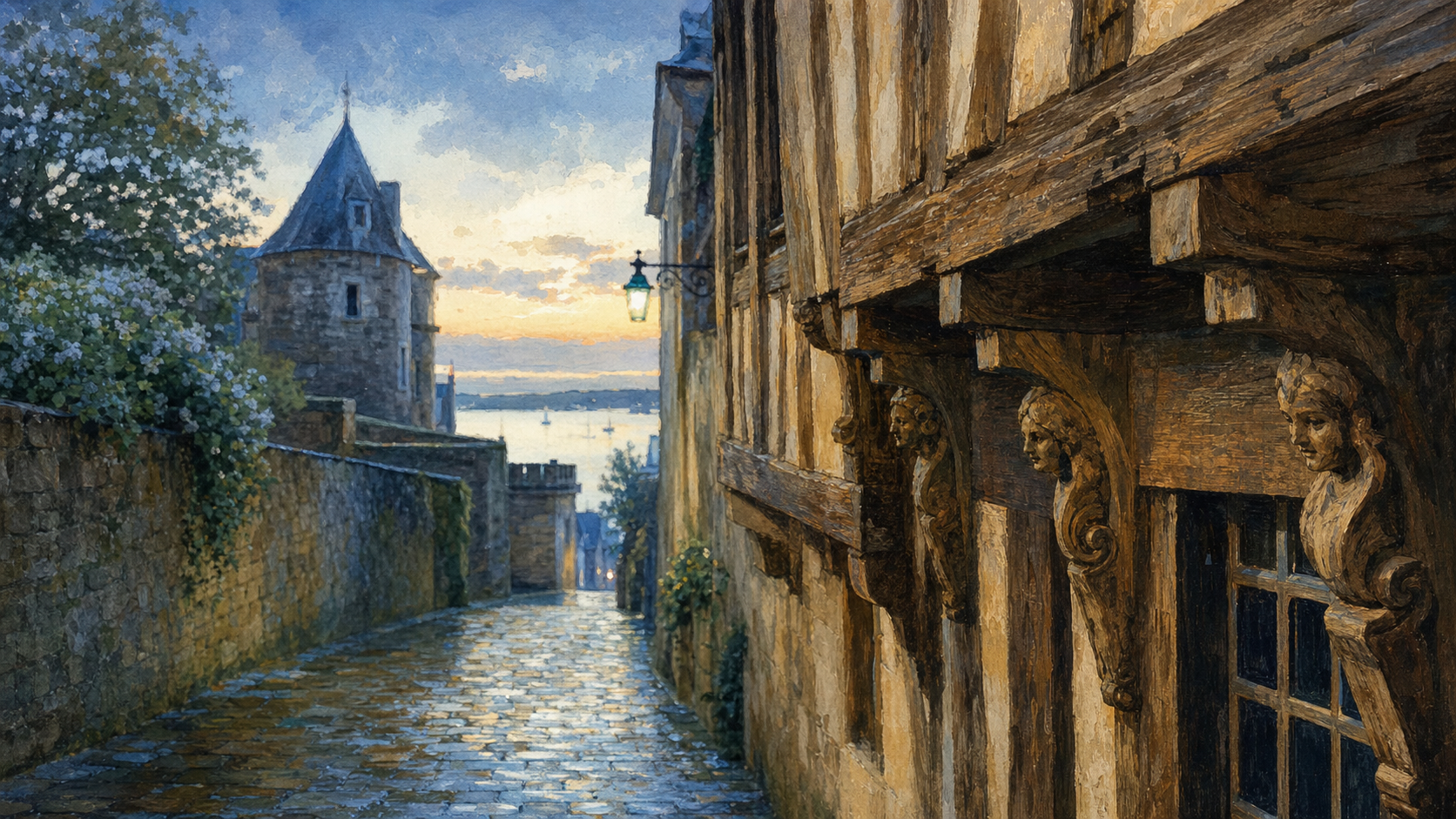 Que visiter a Vannes : ruelle médiévale à l’aube, façades à pans de bois et remparts