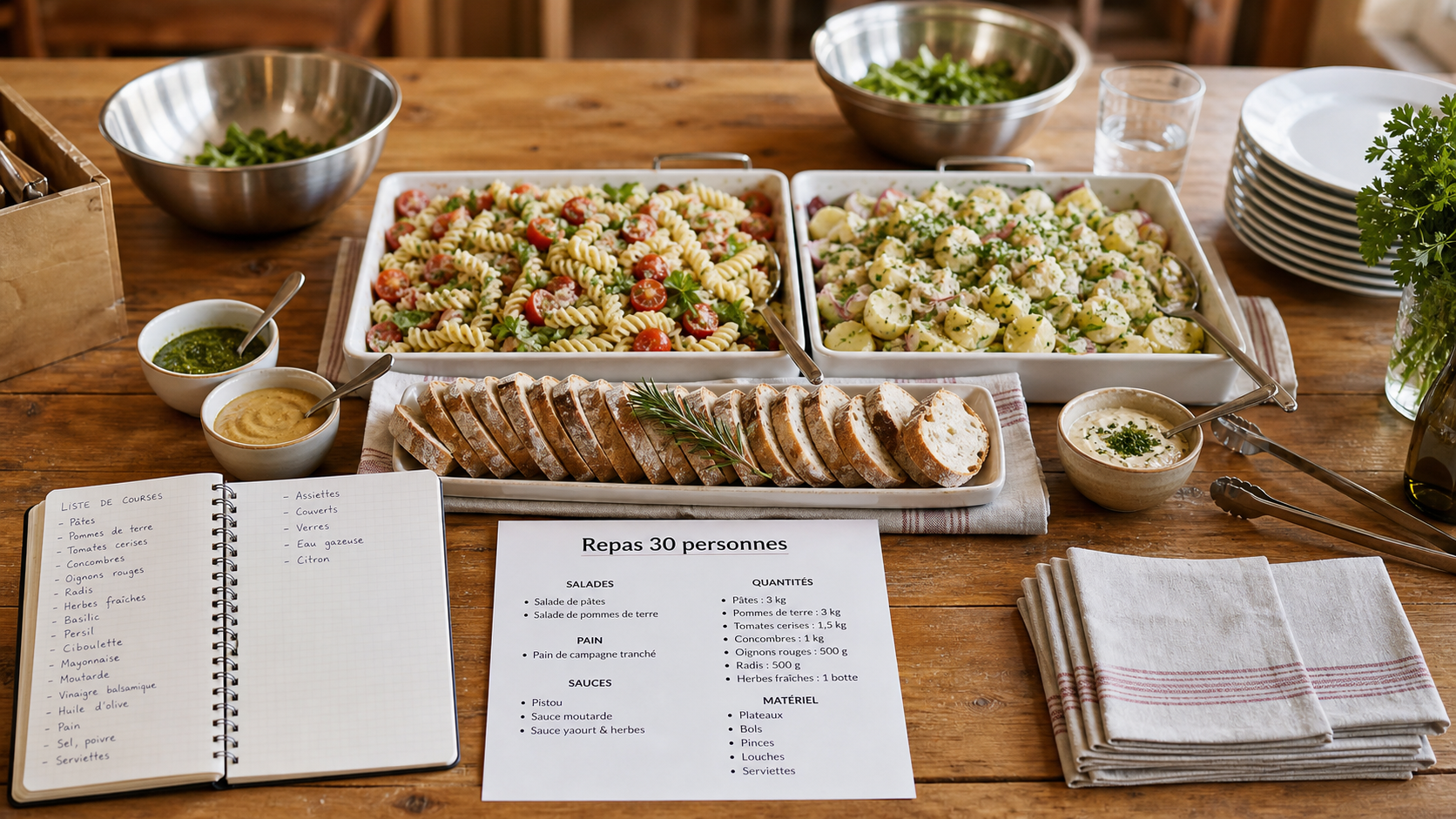 Repas pour 30 personnes : buffet froid, salades, pain et ustensiles