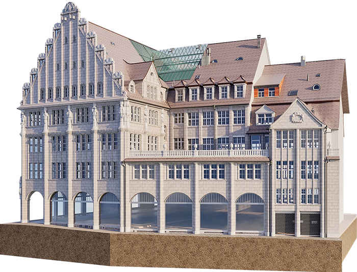 3D-Laserscanning eines historischen Gebäudes in Thun für Vermessung und Bauplanung.