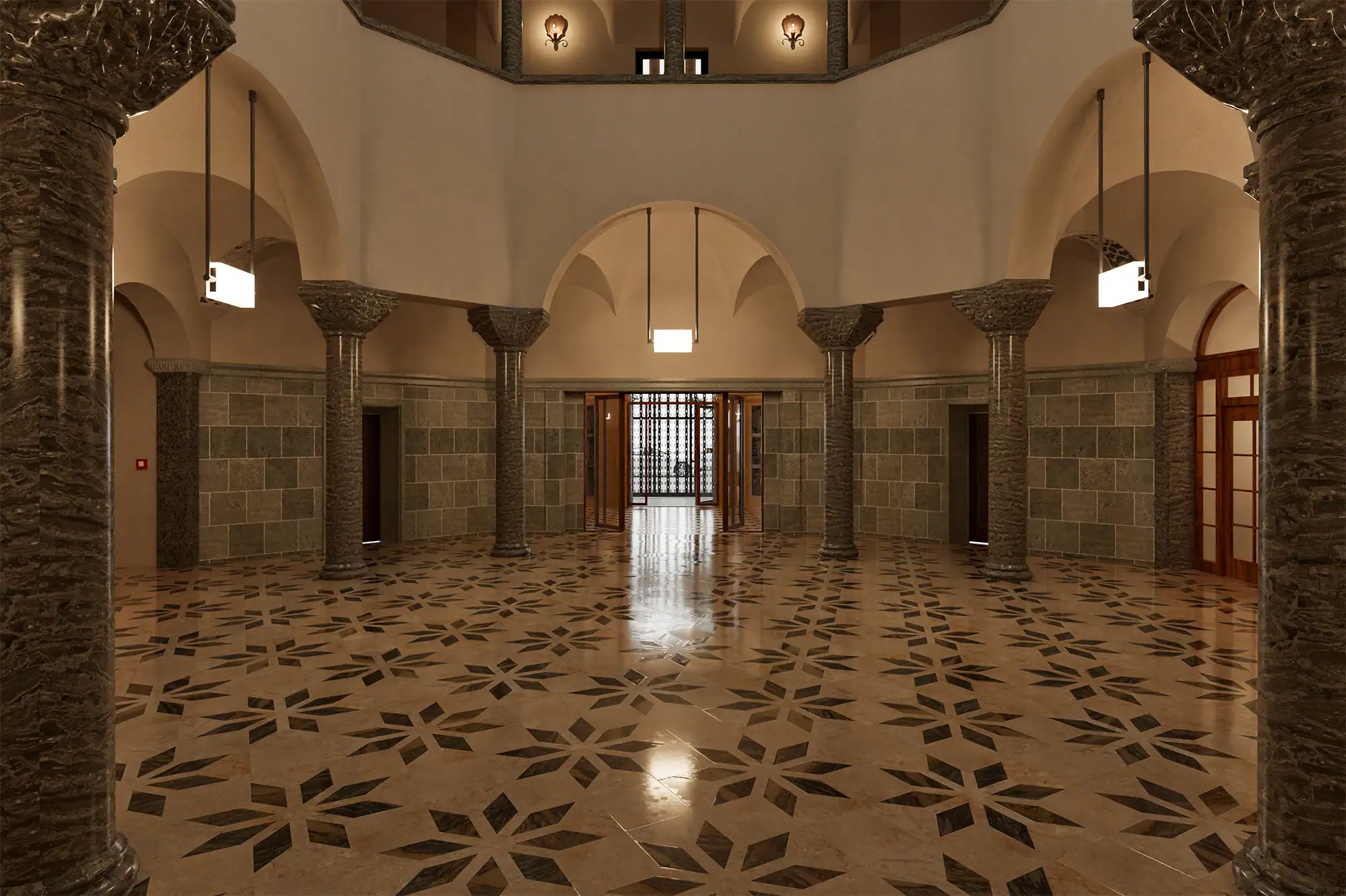 Architektonischer Innenraum mit Säulen und Mosaikboden in Thun.