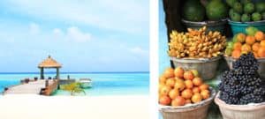 Image composée de deux images, d'un côté la page de l'autre des fruits frais