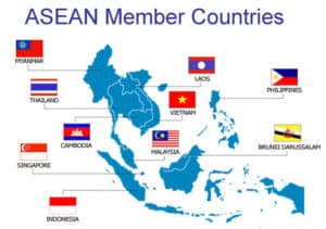 Carte représentant les nations d'Asie du Sud-Est avec les drapeaux et les noms