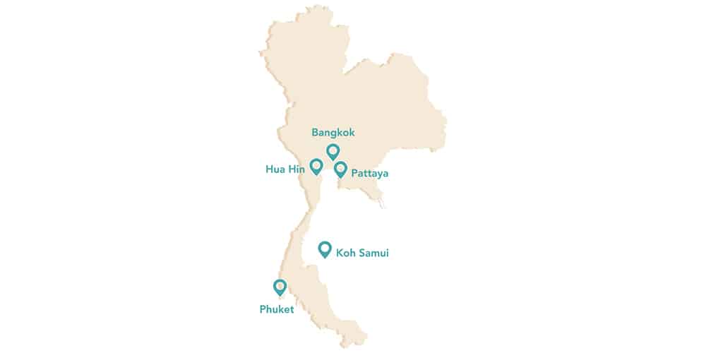carte de la Thaïlande avec 5 marqueurs pour indiquer des villes