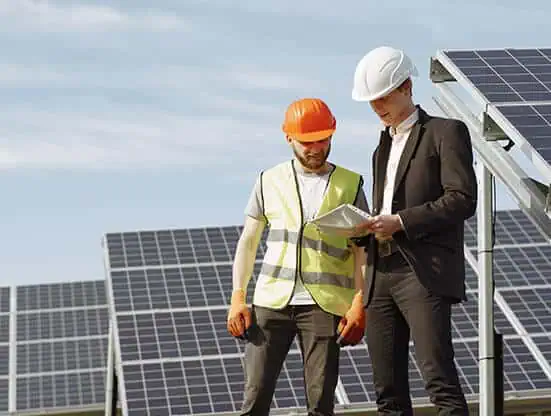 Two engineers discussing plans near solar panels outdoors.