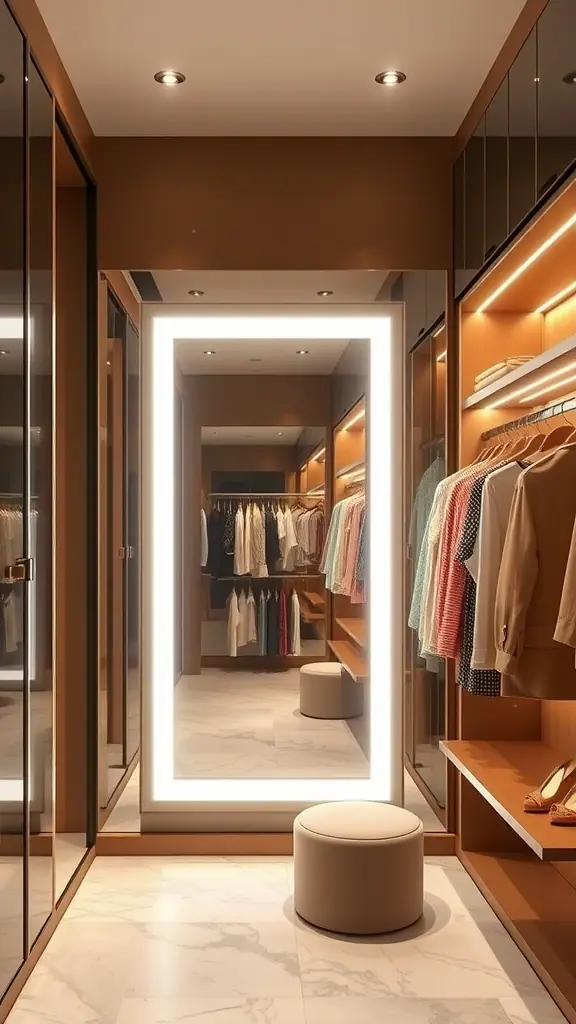 A modern dressing area featuring a large illuminated mirror, organized clothing racks, and a cozy stool.